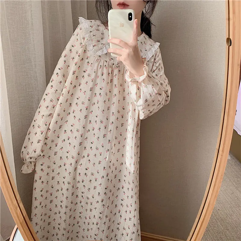 Nightgowns Women Spring Floral Students Sweet Turn Down Collar Stylish Home Soft Breathable Vintage New Arrival Aesthetic Chic