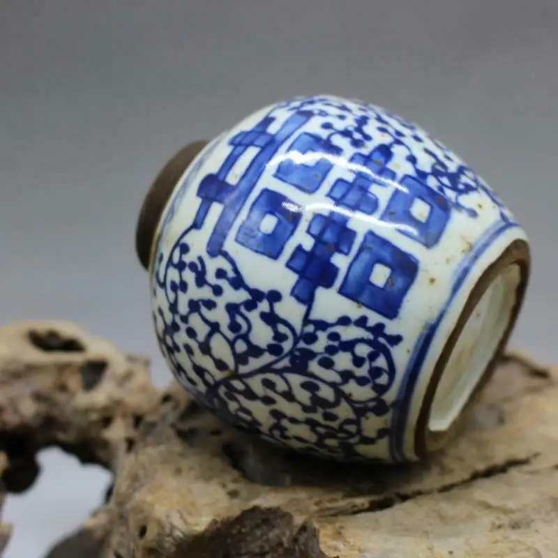 Chinese Blue and White Porcelain Pot Hand Painted Xi Jar 4.1 inch Antique Imitation Old Decoration Ornaments