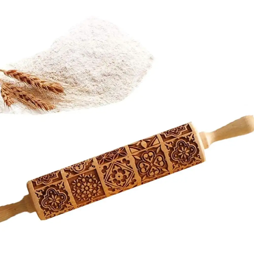 Exquisite Pattern Rolling Pin Wooden Embossing Baking Tools Reindeer Dough Engraved Square Grid Cookies Mold