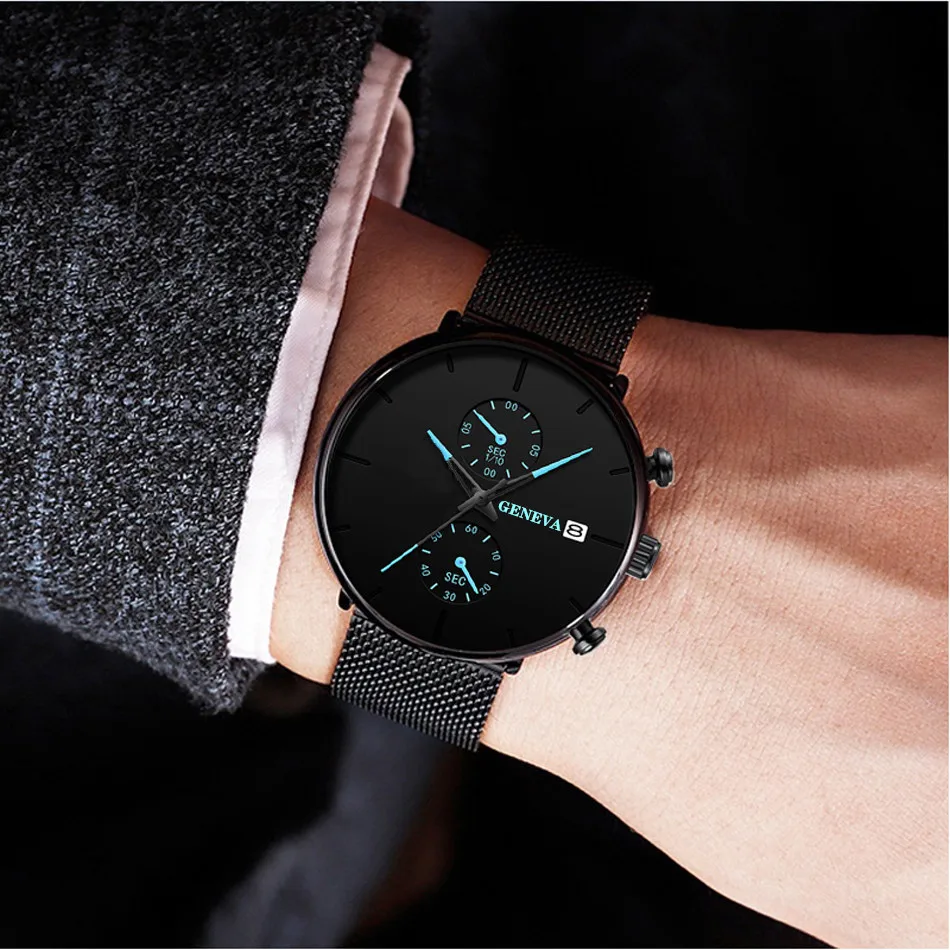 2021 Geneva Watch Men Sport Watches Black Mesh Band Auto Date Quartz Wristwatches Cheap Price Dropshipping Relogio Masculino