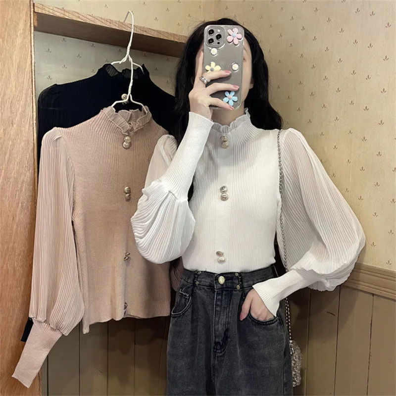 Vintage France Elegant Blouse Women Chiffon Knit Patchwork Folds Lantern Sleeve Pullovers Ruffl Stand Collar Commute Short Shirt