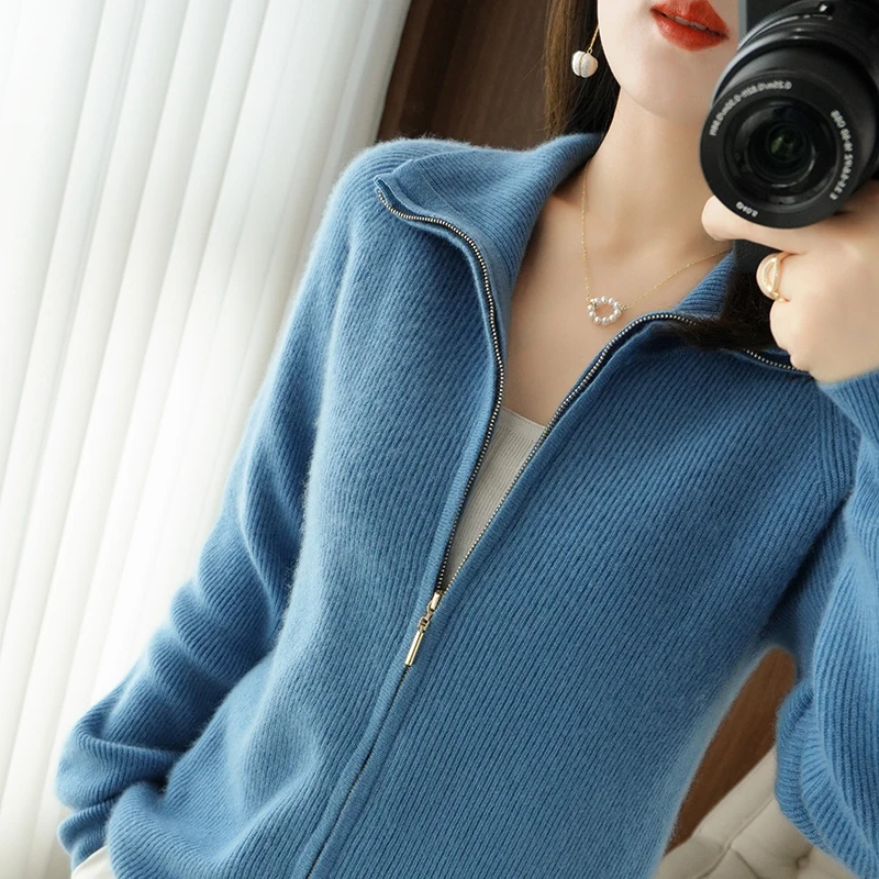 Autumn and Winter Women 100% Wool Cashmere Sweater Ladies Zipper Lapel Cardigan Warm Knitted Clothing Women Bottoming Tops