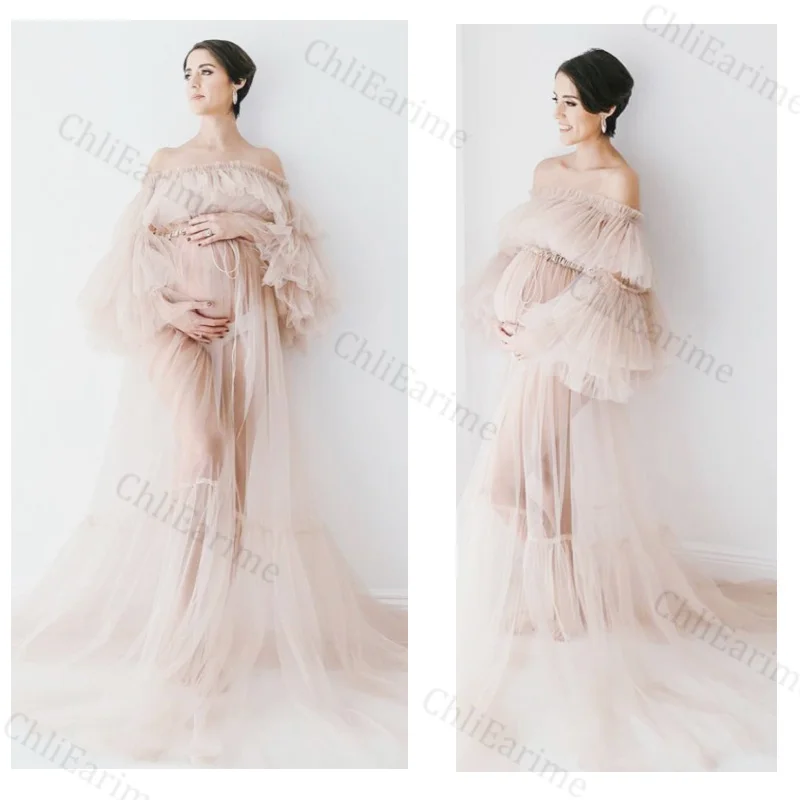 Elegant Bridal Tulle Maternity Dresses Robes for Photography Sheer Robe Puffy Sleeve Fluffy Tulle Maternity Dressing Gowns