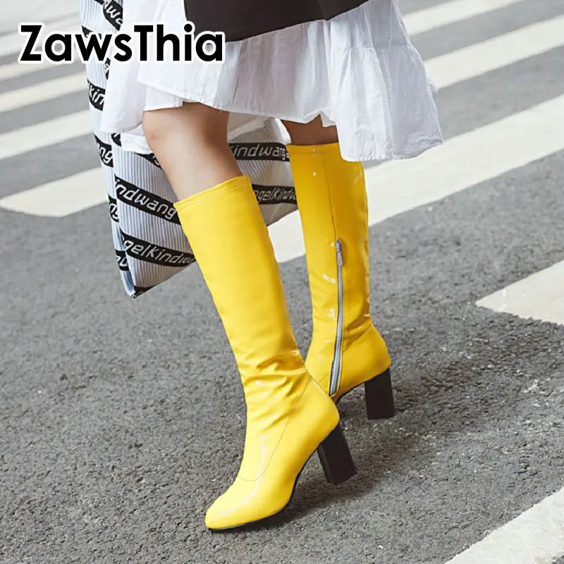 

ZawsThia colorful green yellow red orange black knee high booties patent PU leather shinny block high heels female stretch boots