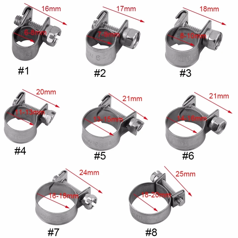 10pcs/set 304 Stainless Steel Mini Hose Clamp Small Fixing Pipe Clamps Marine Stainless Tube Clamp Fittings Fuel Line Clips Klem