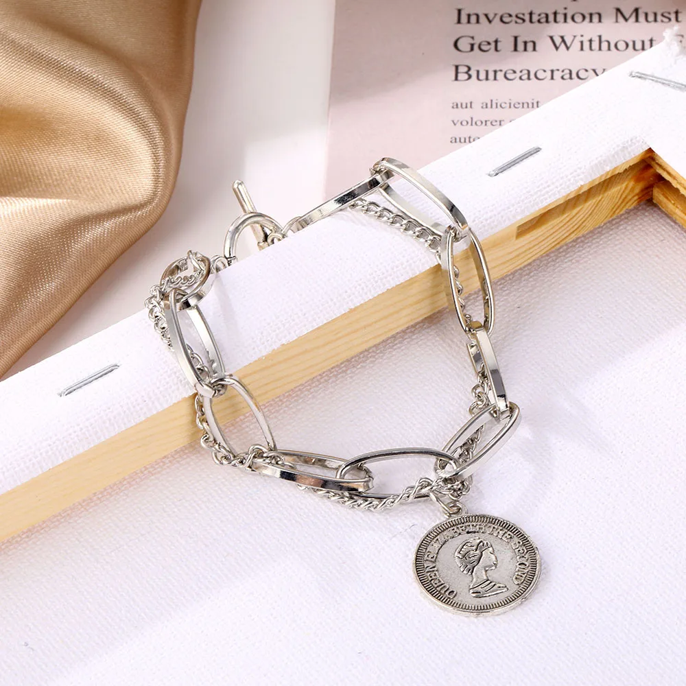 Punk Hip Hop Portrait Coin Bracelet Bohemian Retro Multilayer Chain Geometric Coin Pendant Bracelet Fashion Female Jewelry image 5