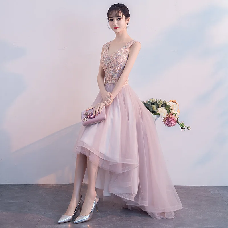 New Flowers Pink Color V-Neck Bridesmaid Dress DongCMY Lace Up Bride Plus Size Tulle For Wedding Party Dress