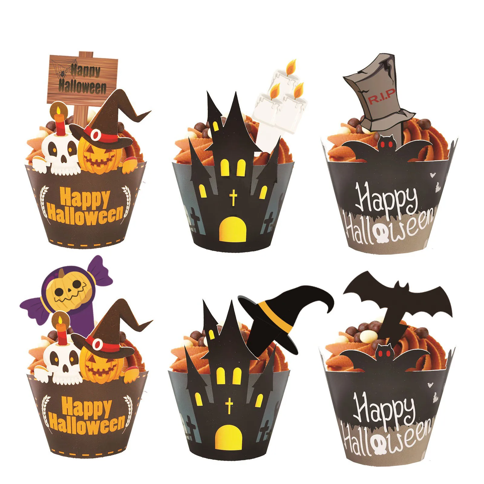 24SET Halloween Cupcake Toppers and Wrappers For Halloween Theme Party Supplies Baking Ornaments Ghost Dessert Decoration