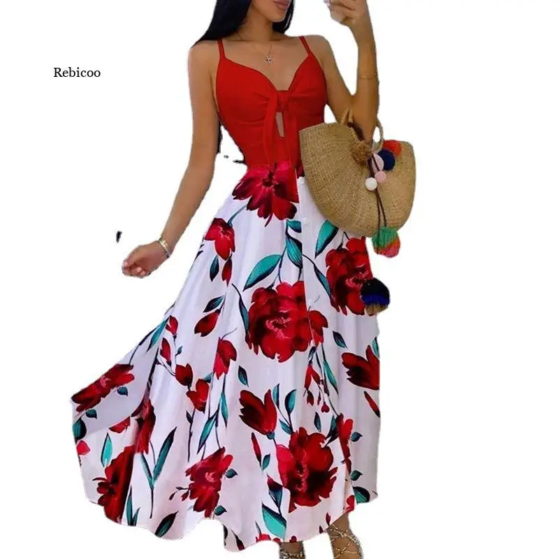 

Sexy Bowknot Women Straps Long Dress Summer Elegant Button Hollow Out Party Dress Casual Ladies V Neck Print Beach Maxi Dresses