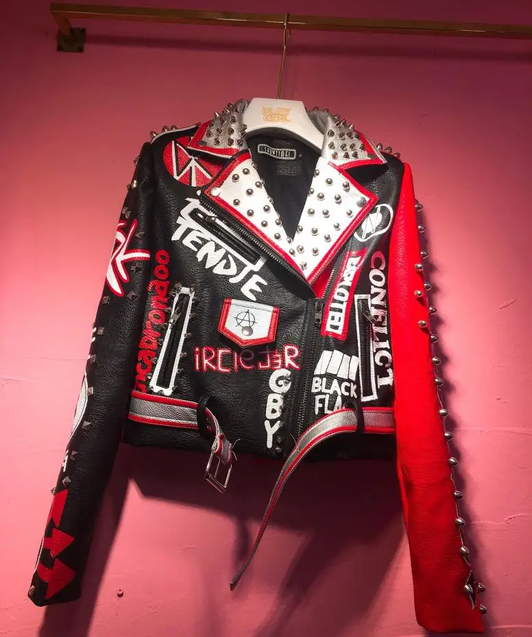 RED color soft pu leather coats Women cartoon Print Leather Jacket Turn-down collar Punk Rock Cropped Jackets faux leather coat