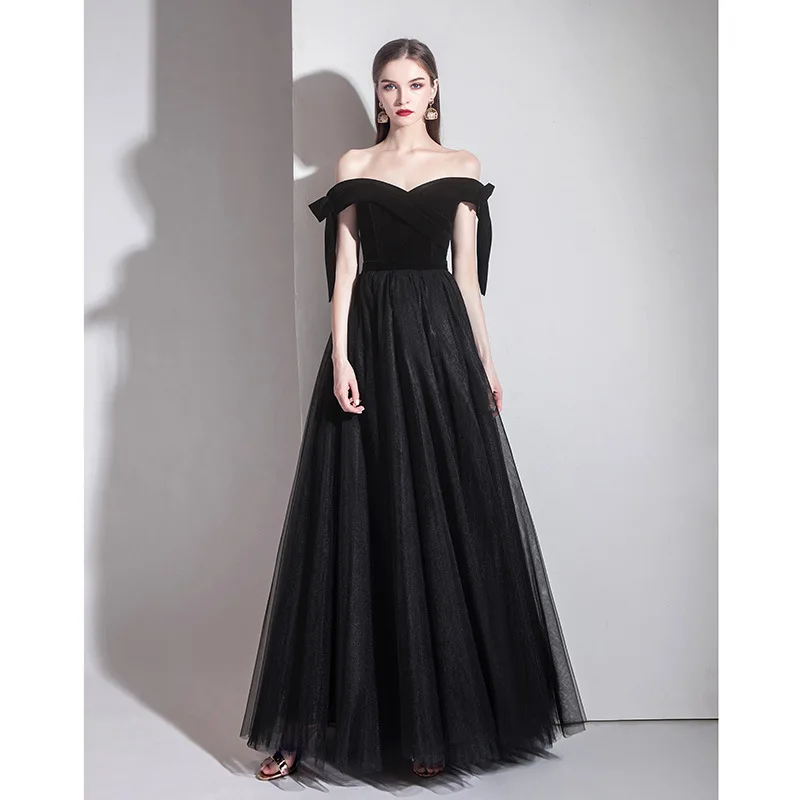 Charming Black Boat Neck Party Wear Dresses For Women Bow Sleeves Prom Gowns Lace Up Back  Robe De Soriee Vestido elegante