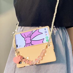 Fashion Cute Conque For Samsung Galaxy Z Fold 7 6 5 4 3 5G Small Love Heart Bracelet Long Pearl Chain Crossbody Pink Case Cover