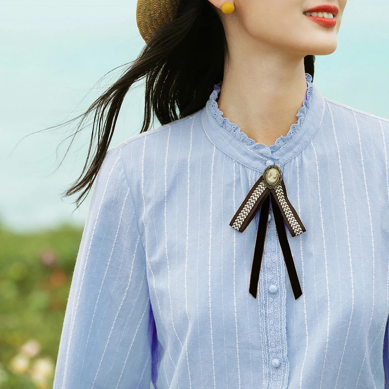 INMAN Women‘s Blouse Spring Autumn Clothing Elegant Cotton Tops Lady Style Hollow Fungus Collar Bow Tie Long Sleeve Basic Shirt