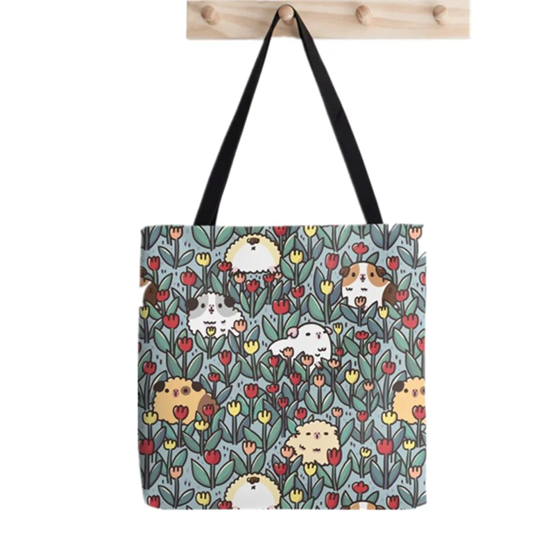 

Shopper Teddy Guinea pigs and Flowers Print Tote Bag women Harajuku shopper handbag girl Shoulder shopping bag Lady Canvas Bag