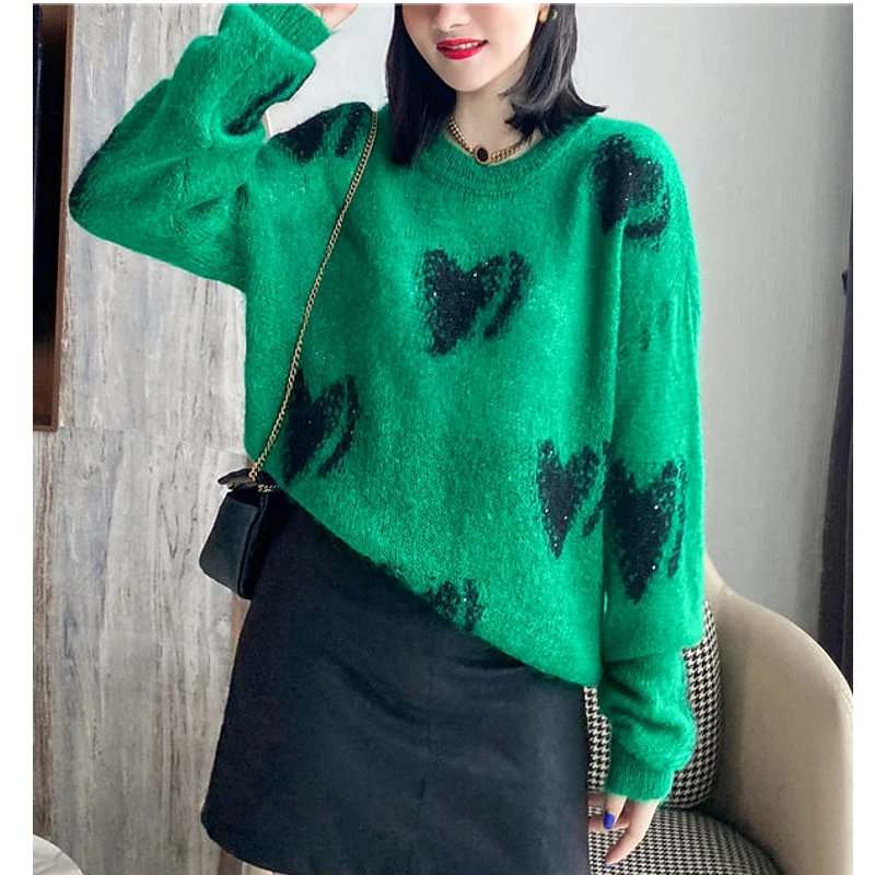 Mohair Green Knit Sweater Women's Blouse Long Sleeves with Love Sweater in the Fall of 2021 New Soft and Comfortable Sweater