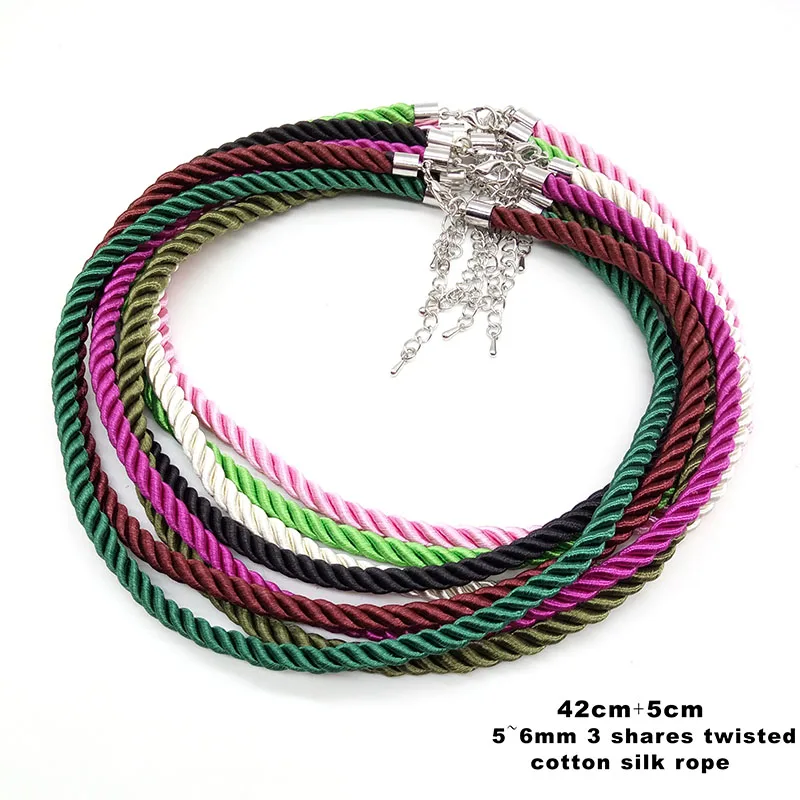 3 Pcs /Lot 6mm 3 Shares Twisted Silk Cord Necklace Adjustable Multicolor Rope Chain Choker Pendant Charms Findings Lobster Clasp