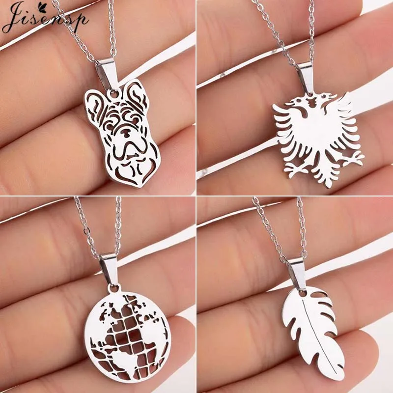 Jisensp Vintage Origami Necklace World Map Pendant Women Geometric Jewelry Ethnic Stainless Steel Albania Eagle Necklace Men