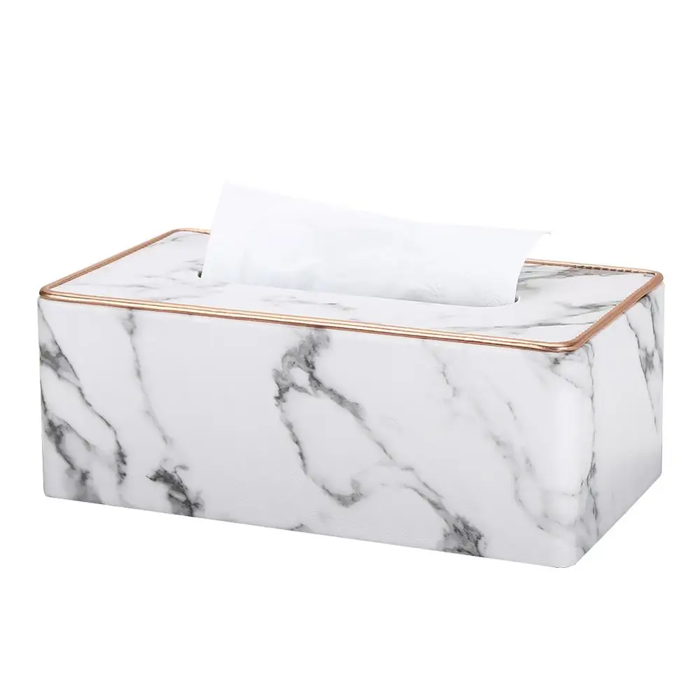 Marble Golden Rim Tissue Box Desktop Washroom Towel Paper Holder Office Desk Tissue Protected Case Metal Color Edge Napkin Box