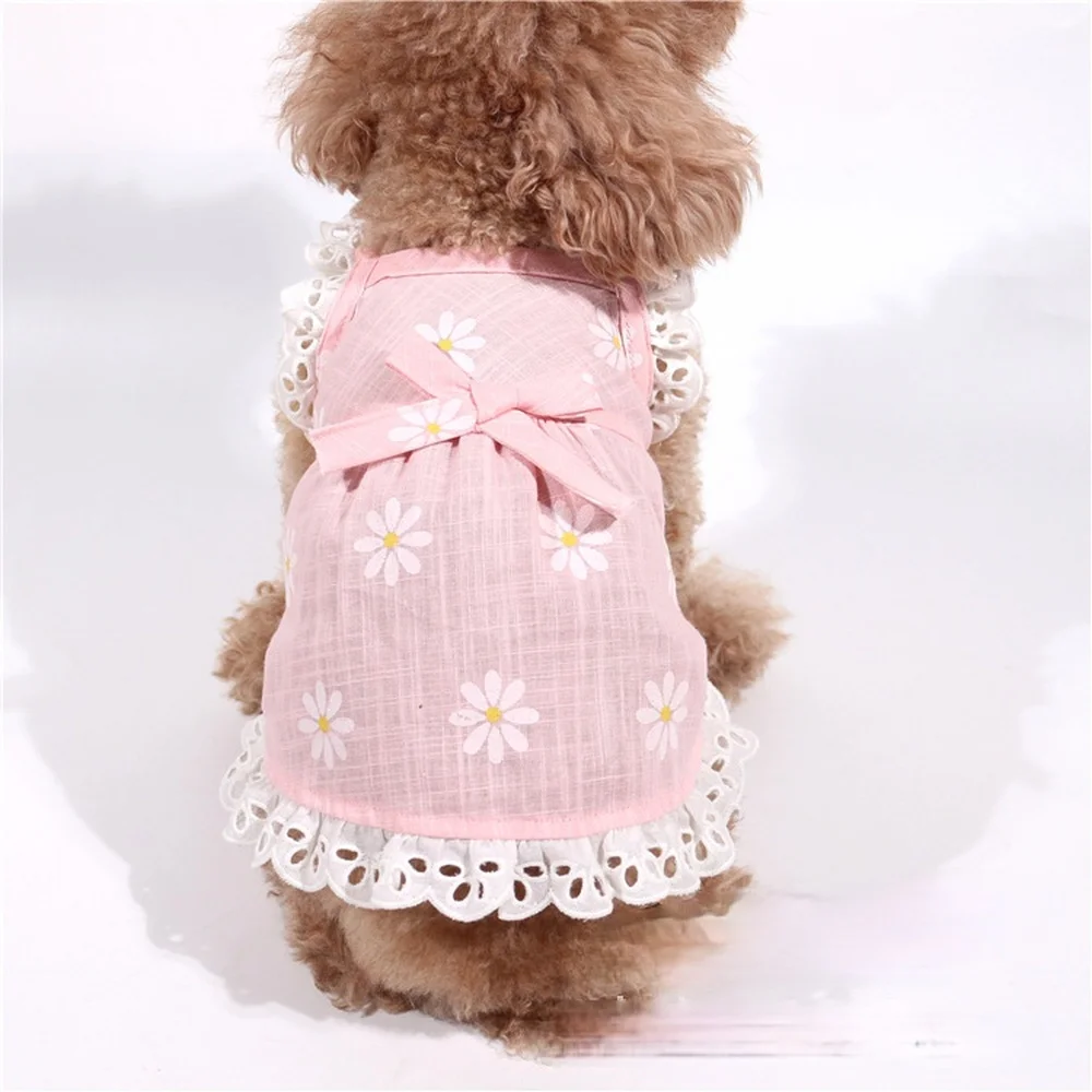 Pet Clothes Summer Clothes Linen Cotton Sling Flying Sleeve Daisy Flower Doll Skirt Pet puppy clothes cat dresses chihuahua