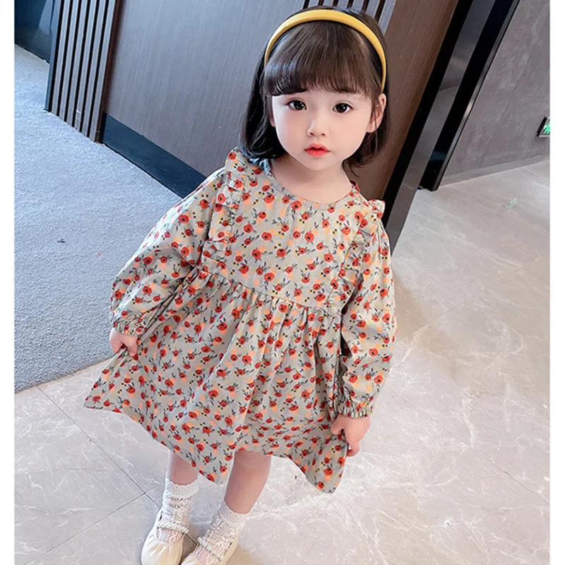 Kids Clothes Girls Floral Print Long Sleeve Dress Spring New Fashion Cotton Princess Dress Korean Toddler Party Dress For 1-7Yrs