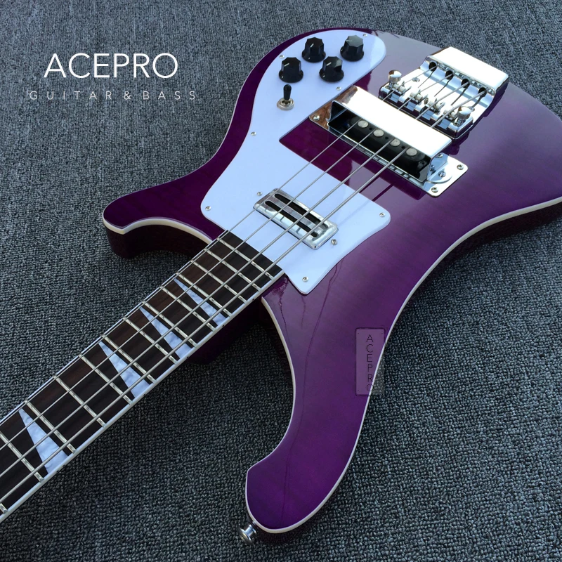 Purple Color Flame Maple Top Electric Bass Guitar, Upgrade Adjustable Bridge Available, White Pickguard, High Quality