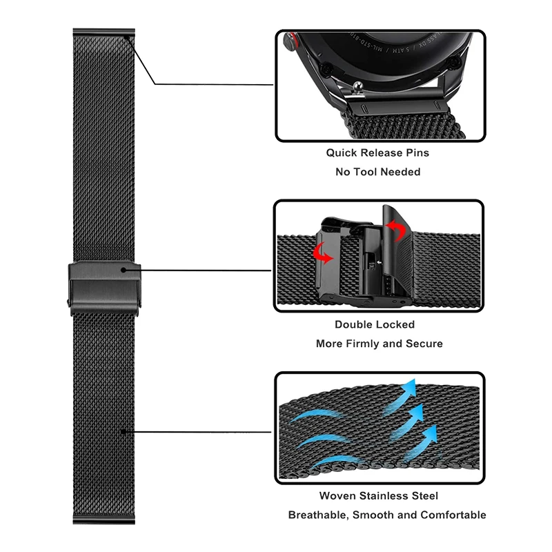 Watch Band For Huawei Watch GT3 42mm/46mm/4 41mm Strap For Huawei Watch 3 GT2 GT3 Pro Metal Bracelets Stainless Steel Wristband