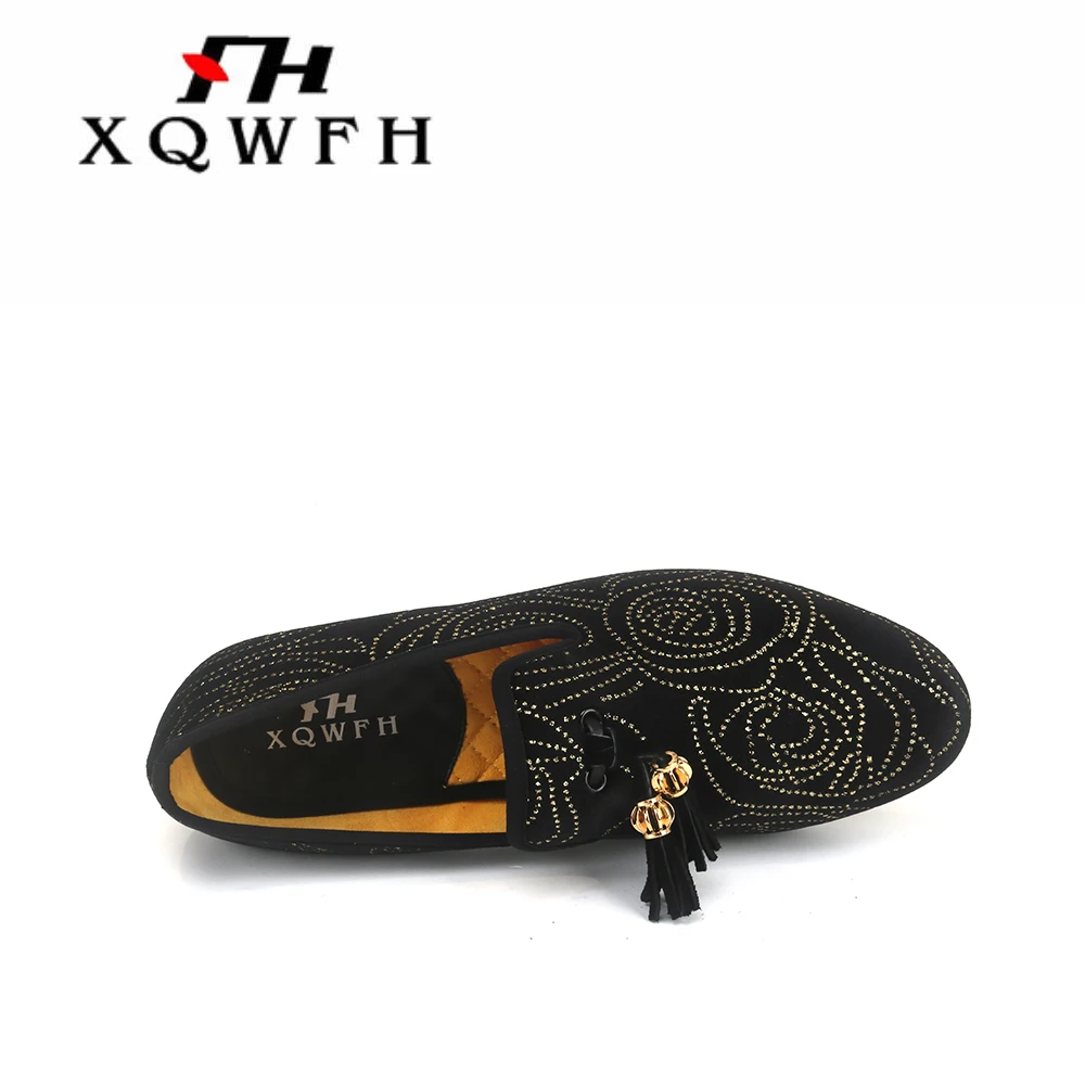 XQWFH Mens Black Embroider Loafers Luxury Rhinestone Moccasins Shoes Men Tassel Casual Slippers Slip On Flats Brand Dress Shoes