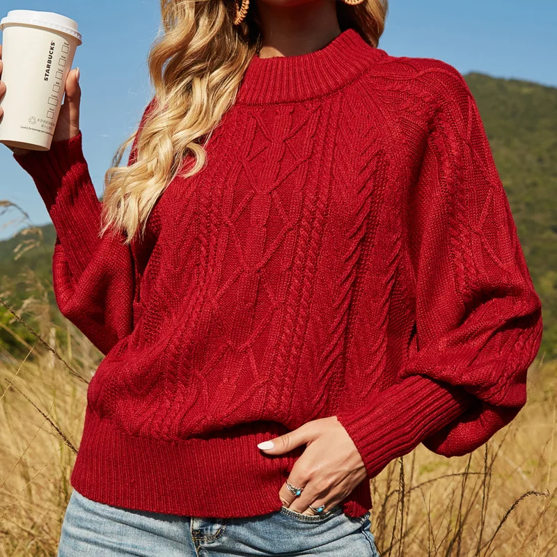 

Europe 2021 New Women's Sweaters Solid Lantern Sleeve Half Turtleneck Crop Sweater Fashion British Loose Pullover Sweater Female