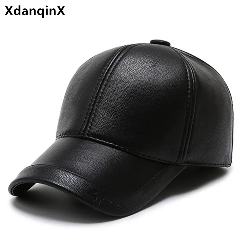 XdanqinX Winter Men's Warm Hat Thick Velvet Baseball Cap PU Leather Earmuff Hats New Windproof Ear Protection Casual Sports Caps