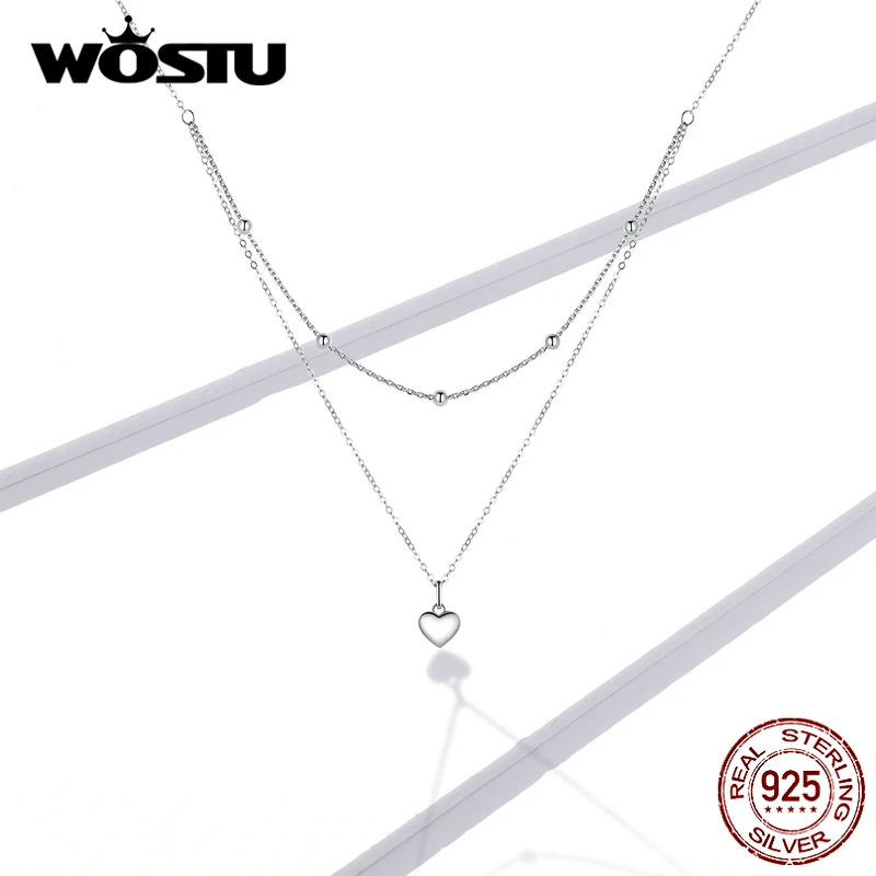 WOSTU Argento Semplice Cuore Collana Collana In Argento 925 Ciondolo Doppio Strato 50 centimetri Lunga Catena di Collegamento Per Le Donne Gioielli