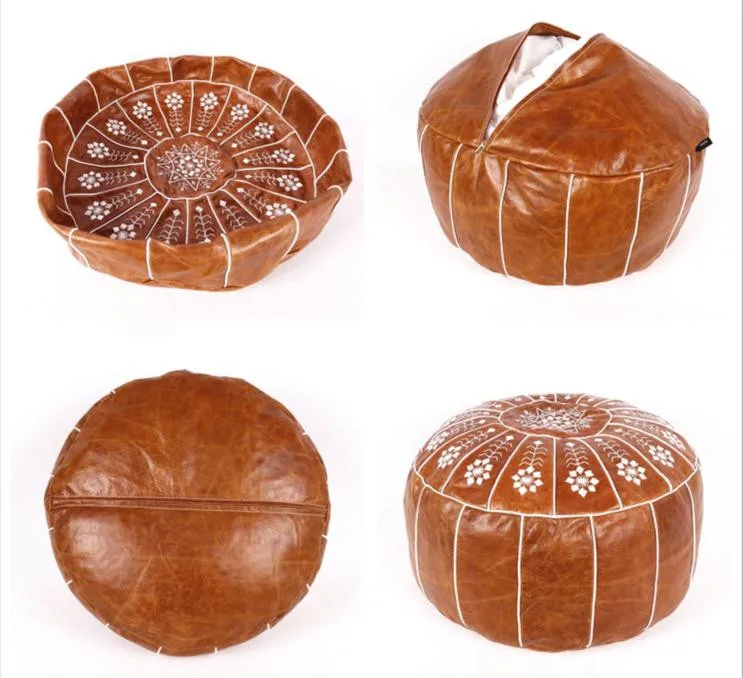 Real First Layer Leather Handmade Morocco Pouf Home Decoration Seat Pillow Cushion Without Core Removable Round Cushion Case