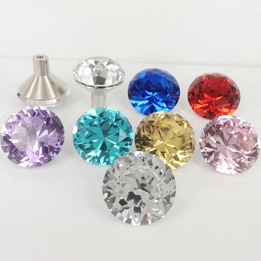 LCH 25mm 30mm Colored Diamond Cut Crystal Knob w Zinc Alloy Base Cabinet Handle Door Pulls