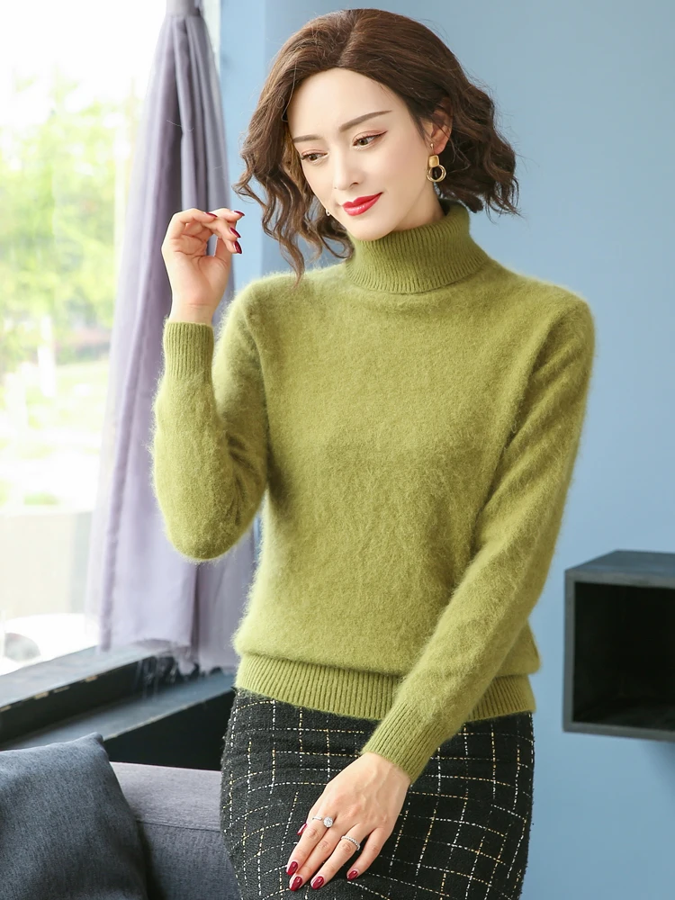 Herbst Winter 100% Nerz Kaschmir Pullover Frauen Strickwaren Pullover Dicke Warme Einfarbig Plus Größe Basis Hohe Revers Kleidung Tops