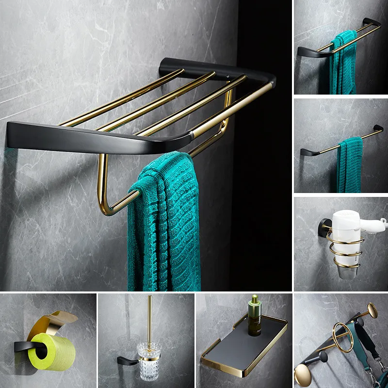 Solid Brass Bathroom Accessories Set Tissue Holder Corner Shelf Basket Towel Rack Toilet Brush Holder Bath Hardware Black Gold