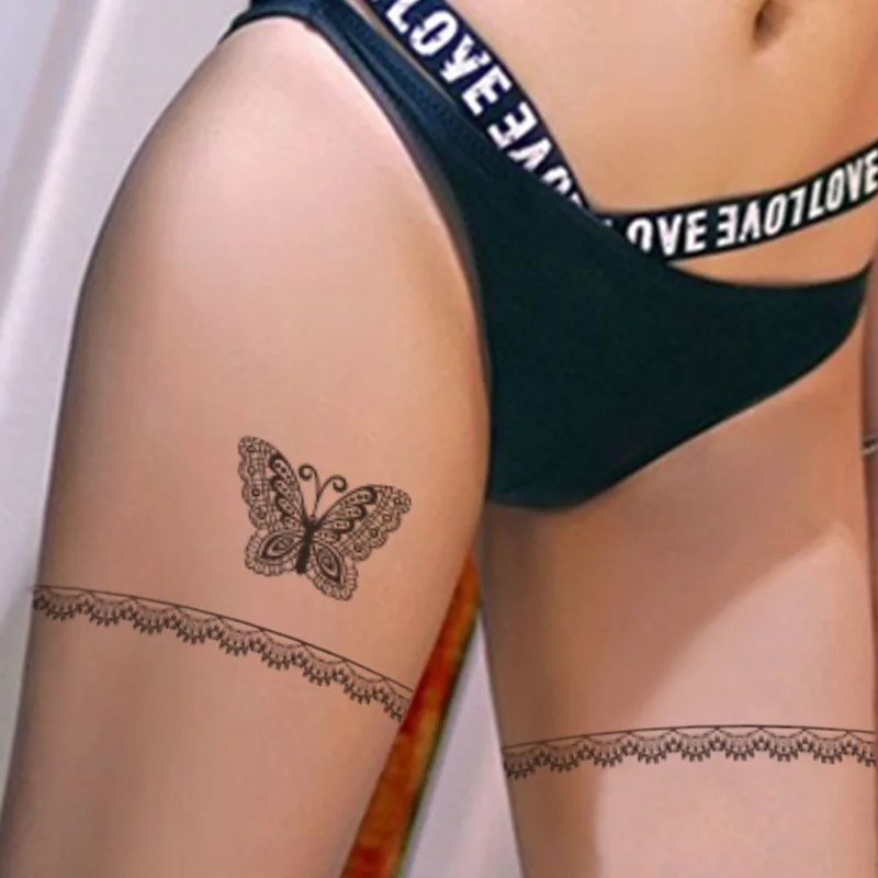 Black Lace Tattoo Stickers on Legs Body Arm Women Sexy Tattoo Bowknot Pattern Temporária À Prova D' Água Tattoo Sticker