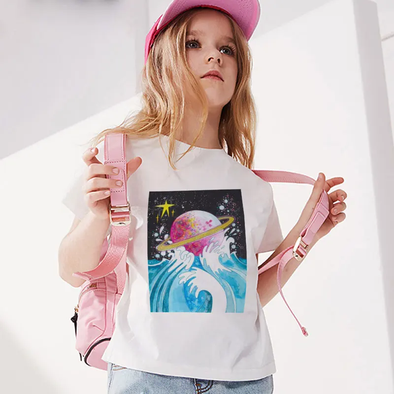 Universe New Summer Children's Clothing Astronaut Spaceship Tee Shirt Fille Design Printed Shirt Kids Crew Neck Boy Girl T-shirt