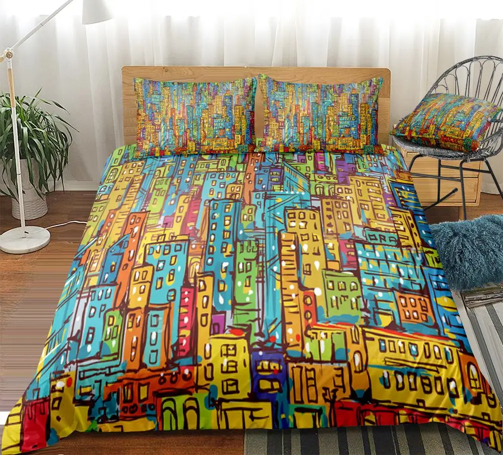 

Cityscape Duvet Cover Set Landscape Bedding Set Hand Drawn City Scenery Bed Linen Beds Set Home Textile Microfiber Bedclothes