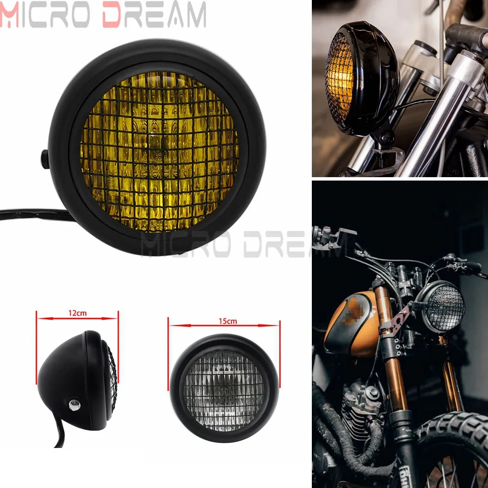 Motorcycle Front Headlight Lamp 12V Mesh Grill Scrambler Headlights Hi-Lo Beam Fog Light For Harley Cafe Racer Honda NX Yamaha