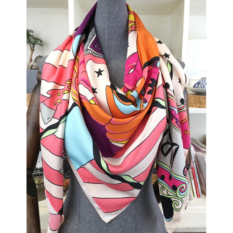 130*130cm Luxury Brand Printed Cartoon Square Scarf Twill Silk Scarf Kerchief Scarves For Ladies Women Fashion Shawls Echarpe