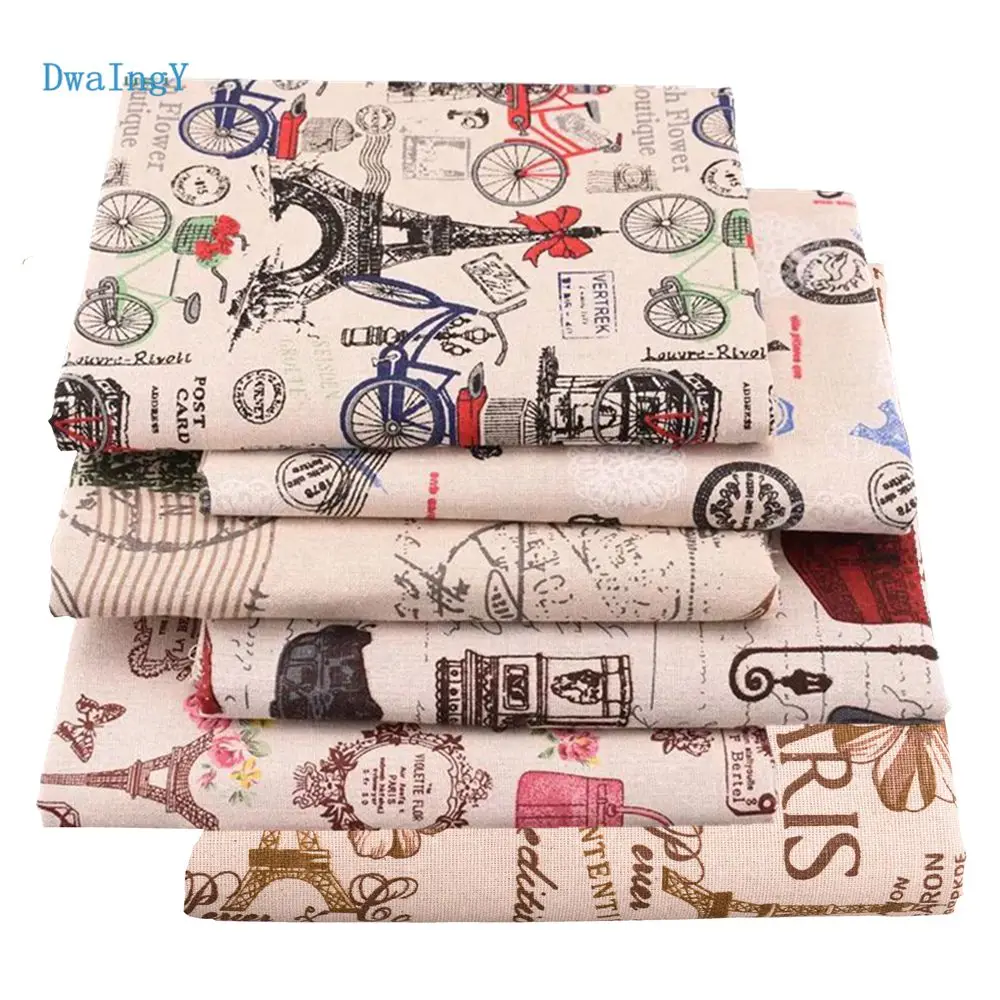 DwaIngY 6pcs/lot Eiffel Tower  Printed Cotton Linen Fabric For Patchwork DIY Quilting Sewing Placemat Bags Material 25x45cm