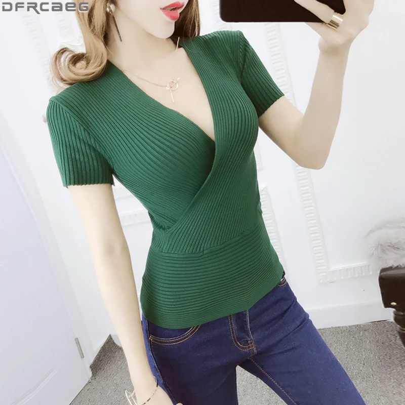 

Fashion 11 Colors Knitted Cute Tops For Women Deep V-Neck Sexy T Shirt Femme Solid Cotton Basic Tshirt Elastic Tunic T-Shirt