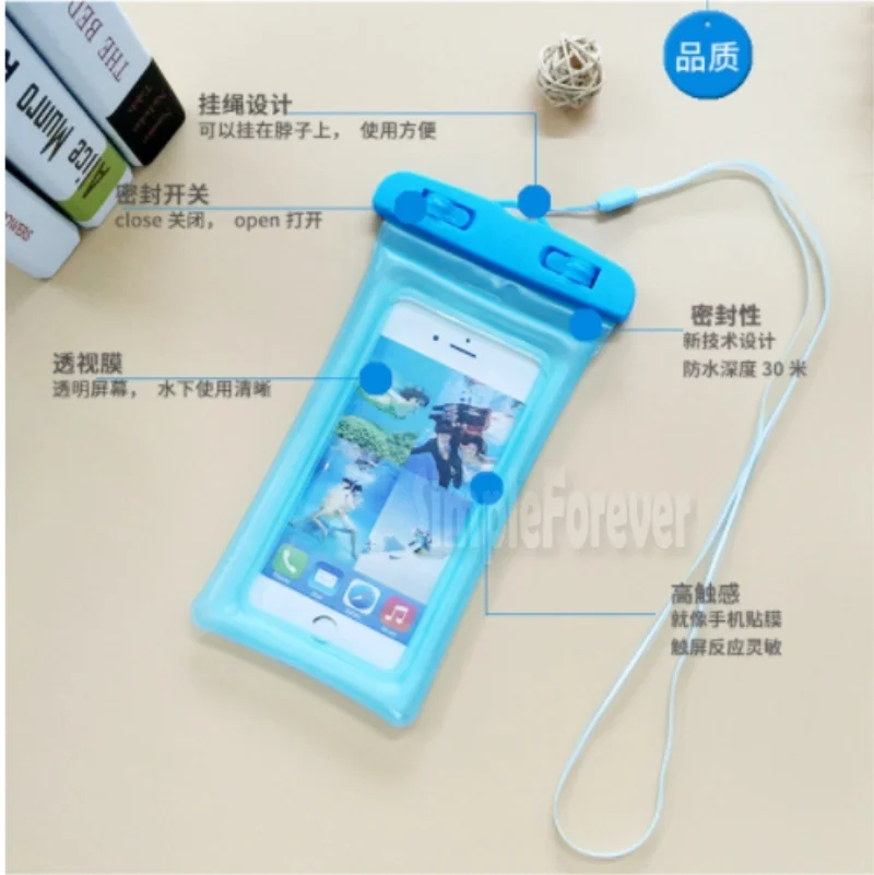 Swimming Bags Waterproof Bag with Luminous Underwater Pouch Phone Case for iPhone  / 200pcs