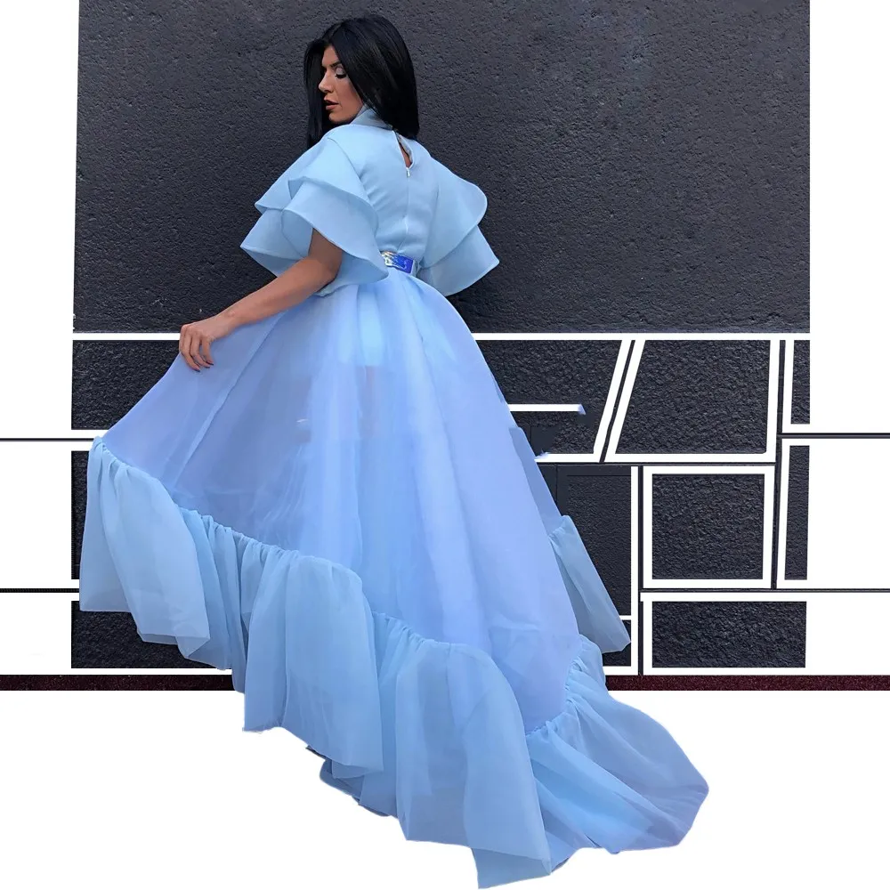 Vestido de Baile Com Decote Em V de Mangas Curtas Azul Bebê Organza Plissados Ruching Sash Vestido de Noite do Tornozelo-Comprimento Vestido Formal бальное платье