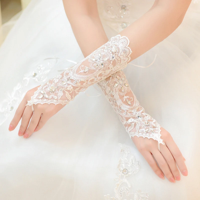 

Lady Bride Wedding Dress Lace Hollow Out Bridal Gloves Bead Fingerless Glove Hot