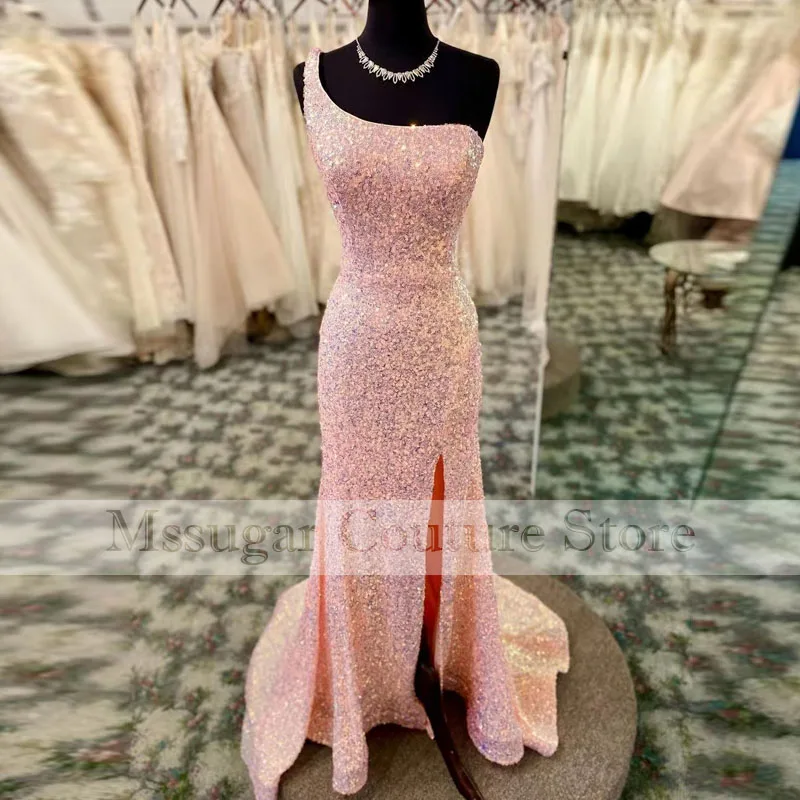 2021 High Split Mermaid Evening Dresses One Shoulder Sparkly Sequined Prom Gowns Celebrity Dresses For Women