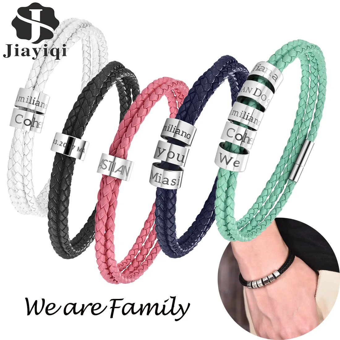 Custom Bracelet for Men Women Personalized Stainless Steel Beads Bracelets Genuine Leather Wrap Bangle Engraved Name Jewelry