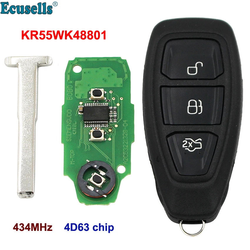 full Remote Key fob 434MHz ID83 4D63 chip for Ford Focus C-Max Mondeo Kuga Fiesta B-max S-max Galaxy KR55WK48801 + insert key