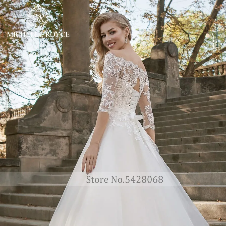 Michelle Royce A-Ling Wedding Dresses  Boat Neck Three Quarter Sleevs Bow Lace Up Court Train Wedding Gowns Vestido De Novia