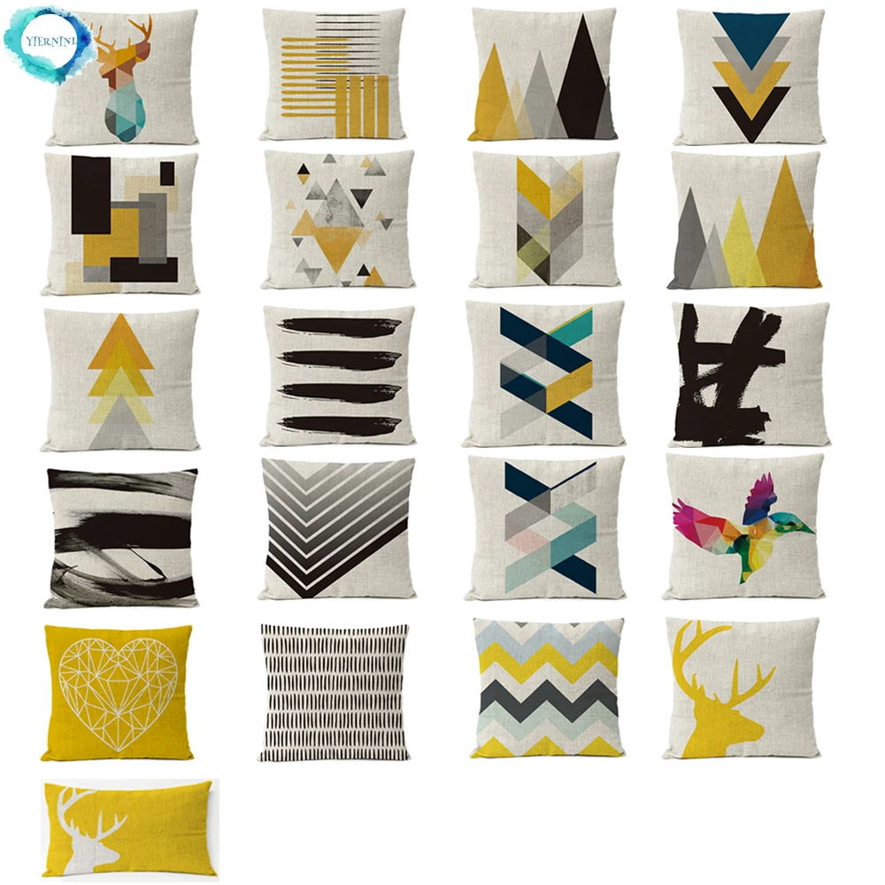 

45x45cm Nordic Yellow Black Geometric Deer Pillow Cushion Cover Home Decorative Throw Pillows Linen Pillow Case Sofa Pillow