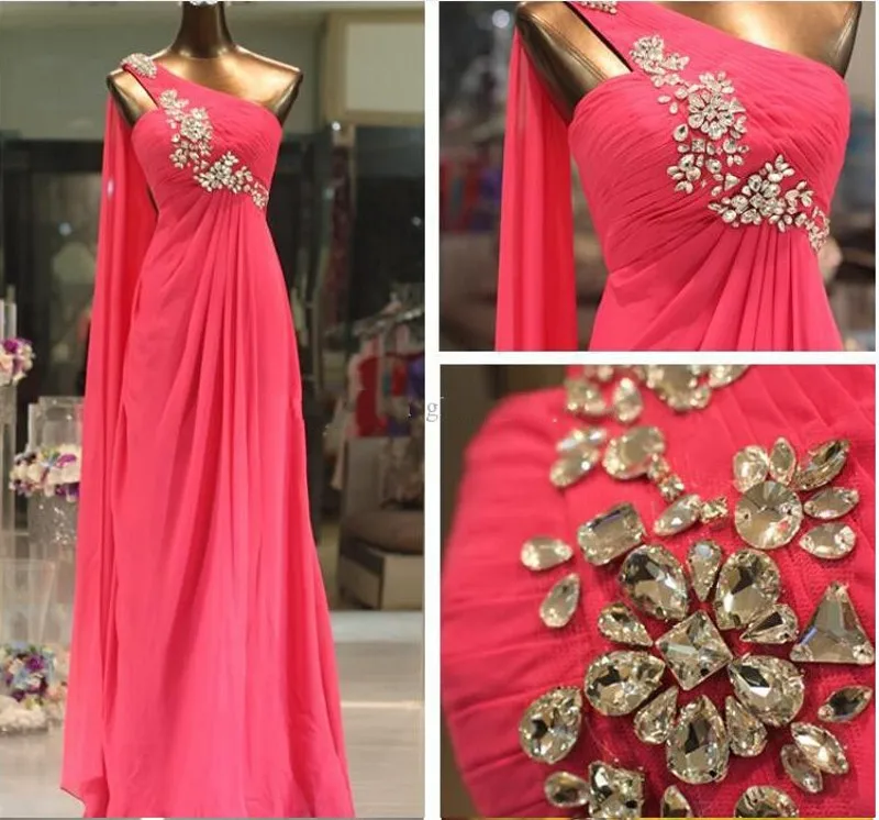 Robe de soirée longue en mousseline de soie, asymétrique épaule dénudée, rose vif/rouge, à volants, perles de cristal, robe de bal élégante, à la mode, 2020